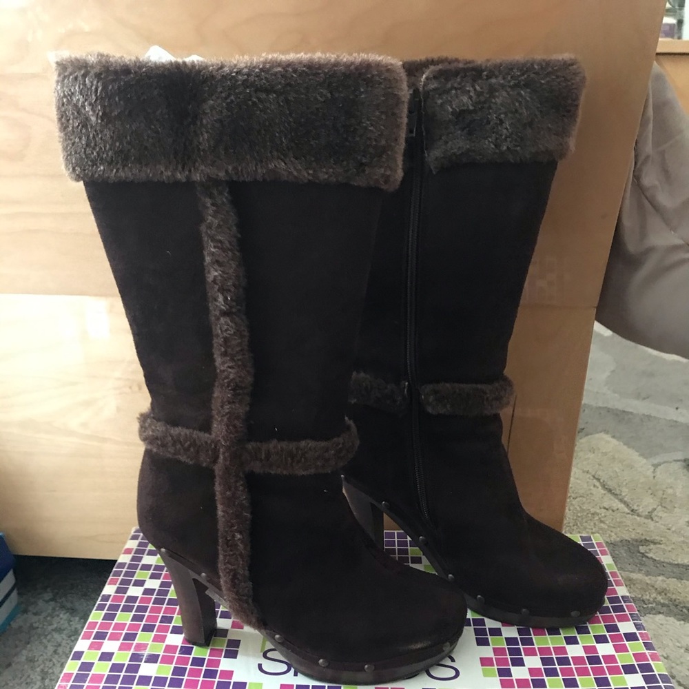 Brown suede and fur mid calf boot